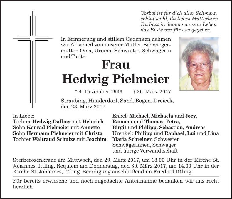 Traueranzeige Hedwig Pielmeier
