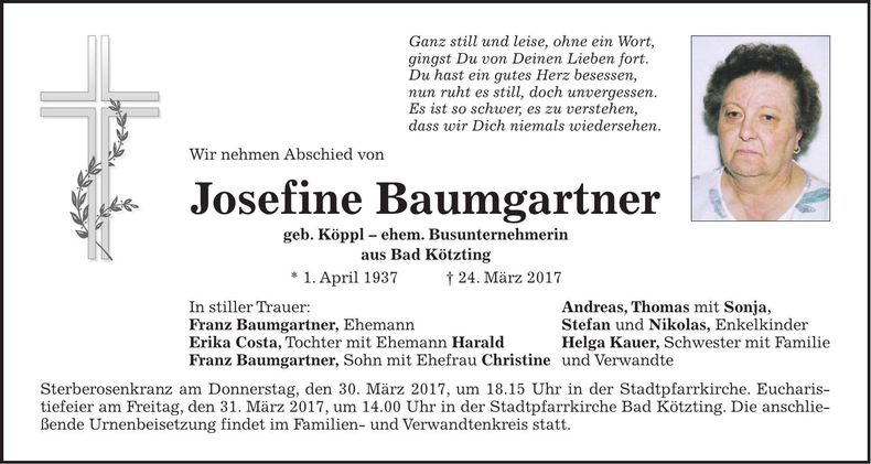 Traueranzeige Josefine Baumgartner