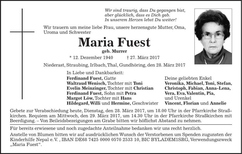 Traueranzeige Maria Fuest