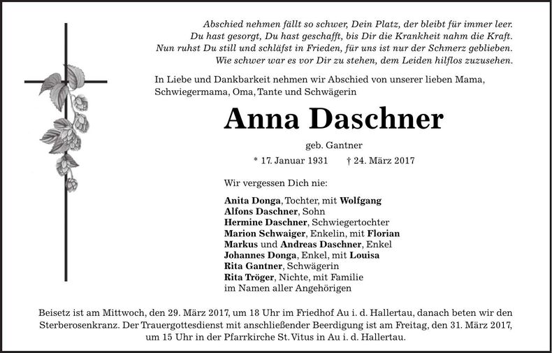 Traueranzeige Anna Daschner
