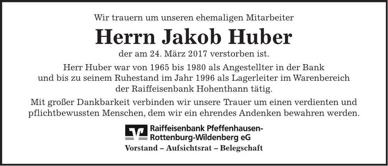 Traueranzeige Jakob Huber