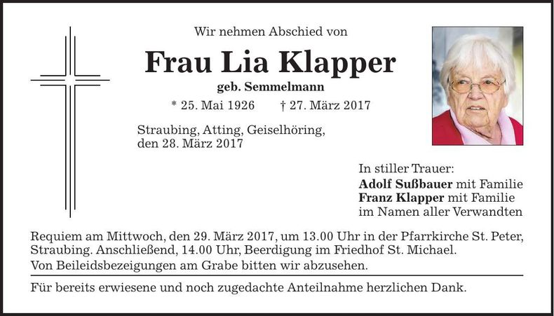 Traueranzeige Lia Klapper