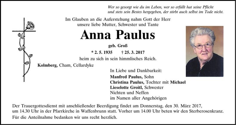 Traueranzeige Anna Paulus