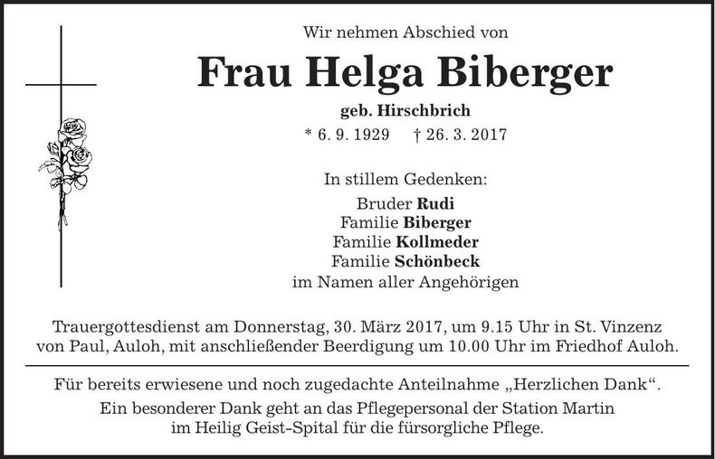 Traueranzeige Helga Biberger