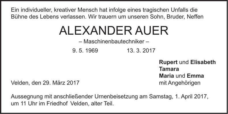 Traueranzeige Alexander Auer