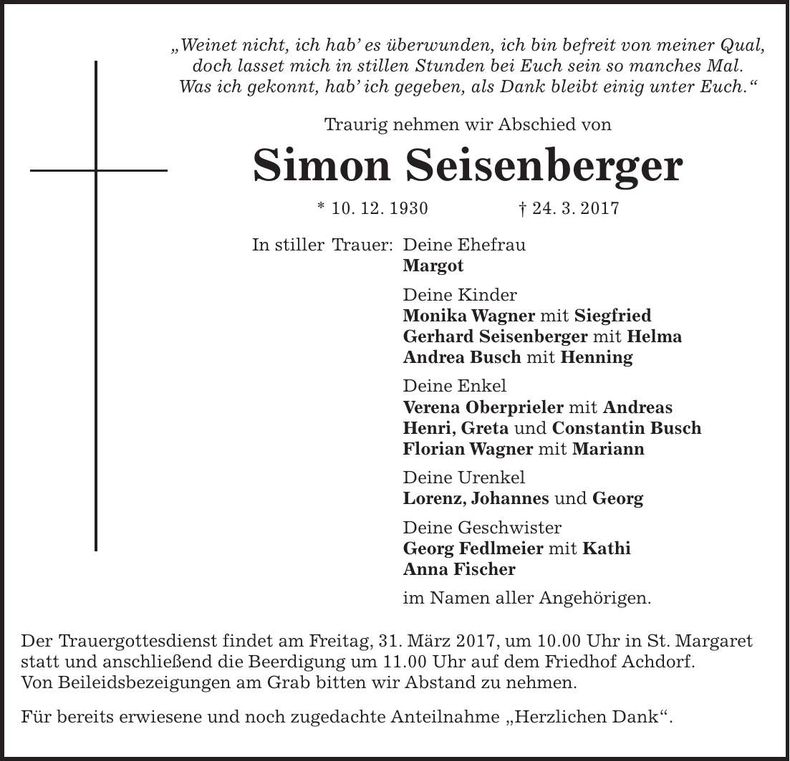 Traueranzeige Simon Seisenberger