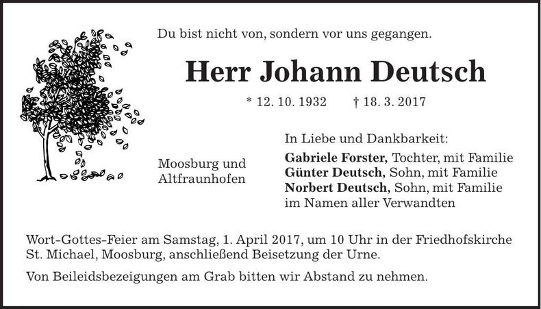 Traueranzeige Johann Deutsch