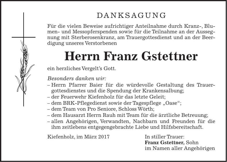 Traueranzeige Franz Gstettner