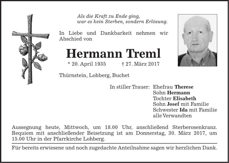 Traueranzeige Hermann Treml