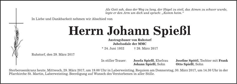 Traueranzeige Johann Spießl