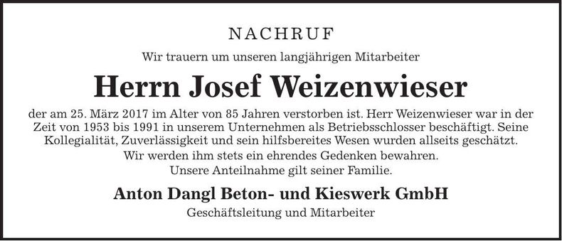 Traueranzeige Josef Weizenwieser