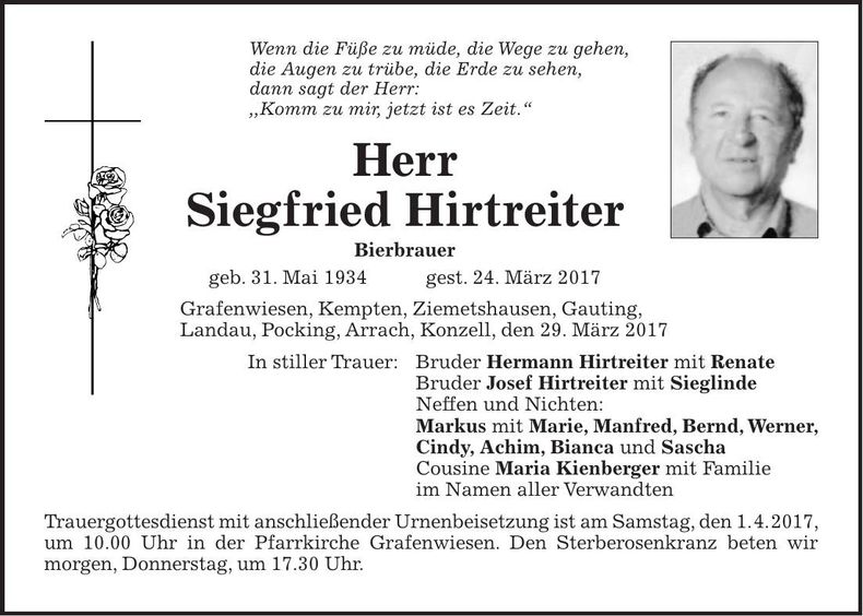 Traueranzeige Siegfried Hirtreiter