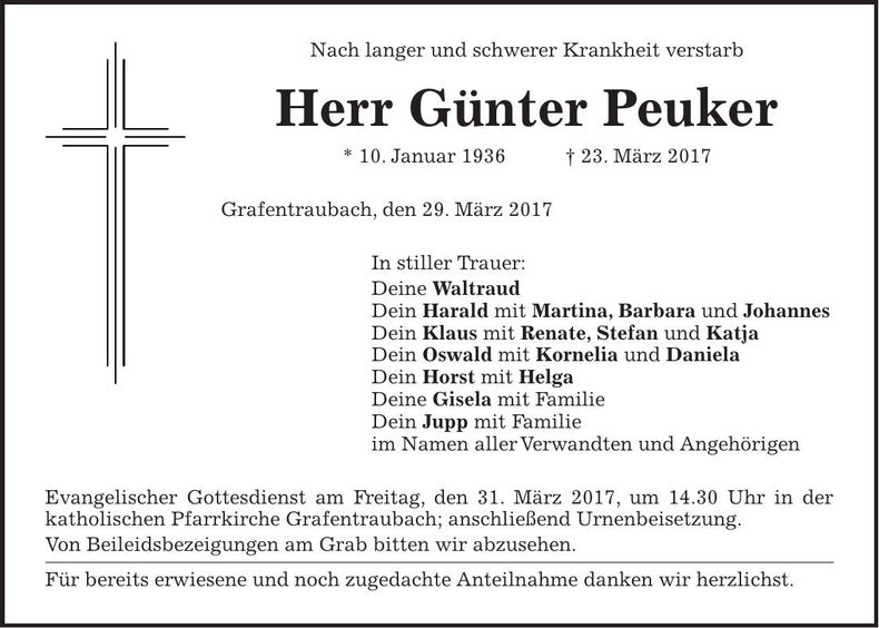 Traueranzeige Günter Peuker