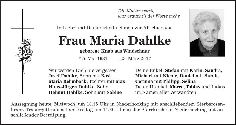 Traueranzeige Maria Dahlke