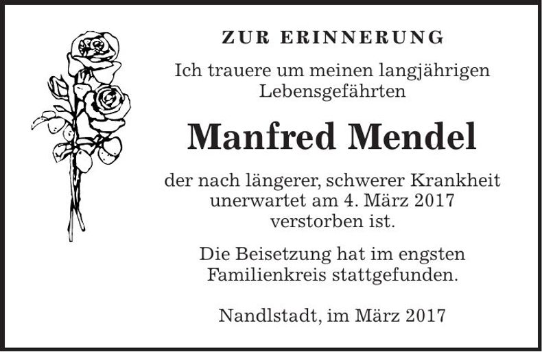 Traueranzeige Manfred Mendel