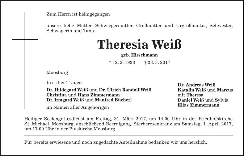 Traueranzeige Theresia Weiß