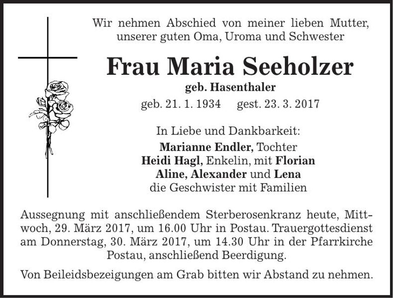 Traueranzeige Maria Seeholzer