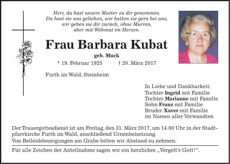 Traueranzeige Barbara Kubat