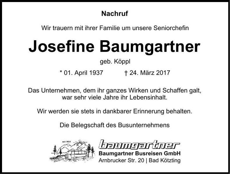 Traueranzeige Josefine Baumgartner