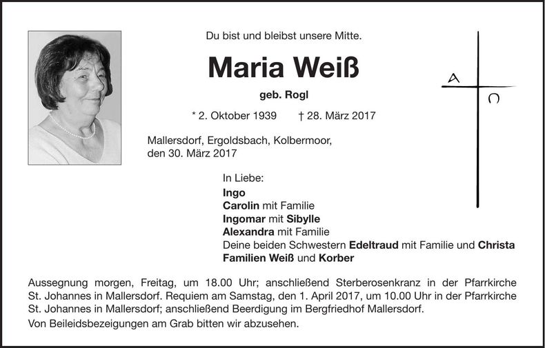 Traueranzeige Maria Weiß