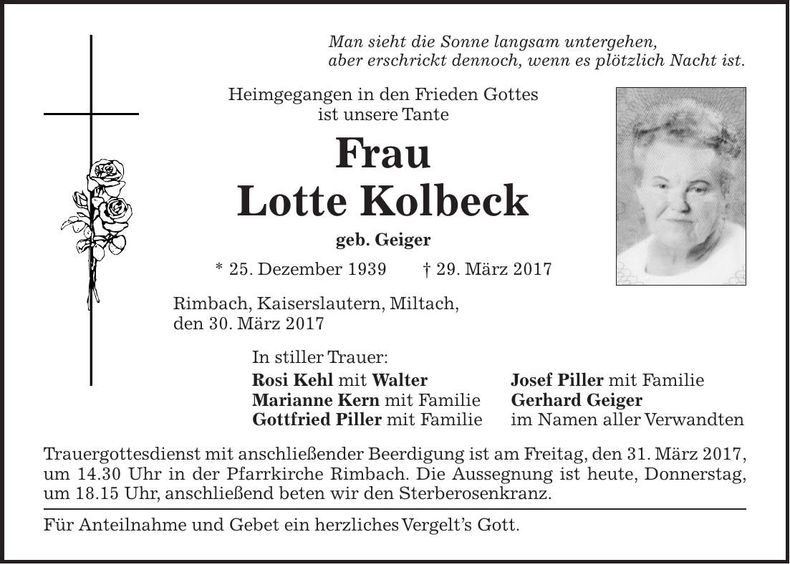 Traueranzeige Lotte Kolbeck