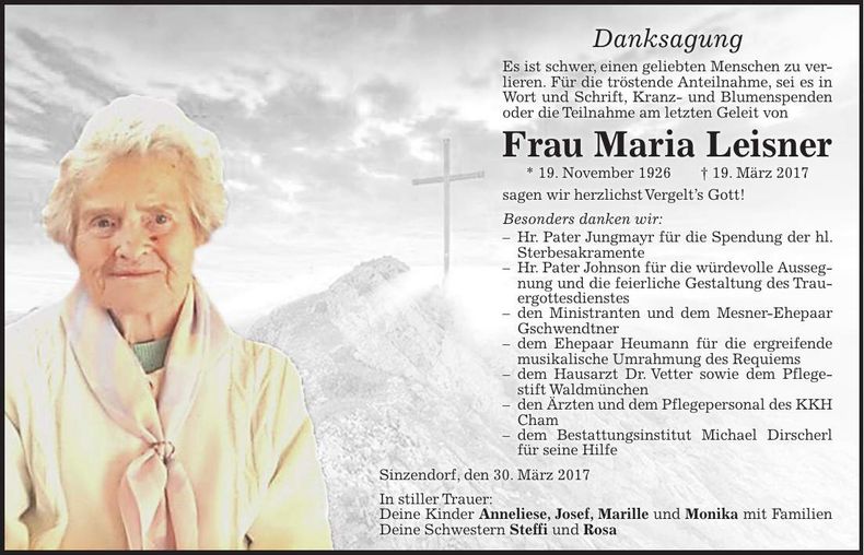 Traueranzeige Maria Leisner