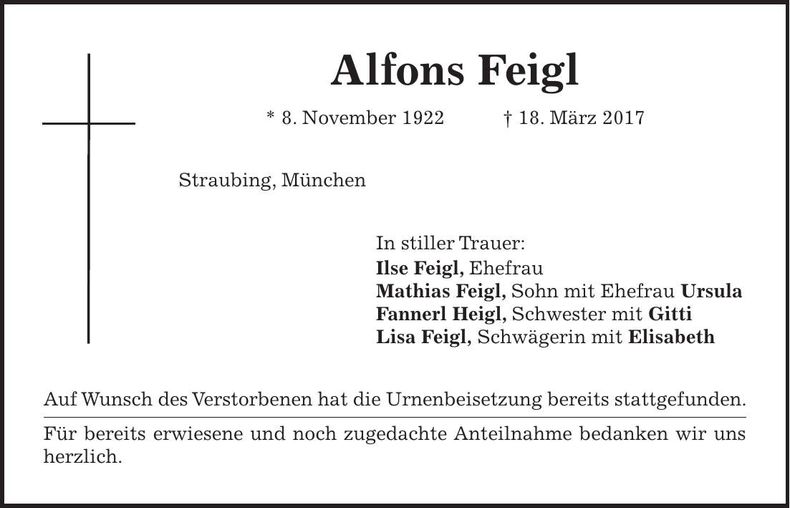 Traueranzeige Alfons Feigl