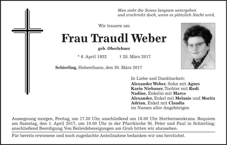 Traueranzeige Traudl Weber