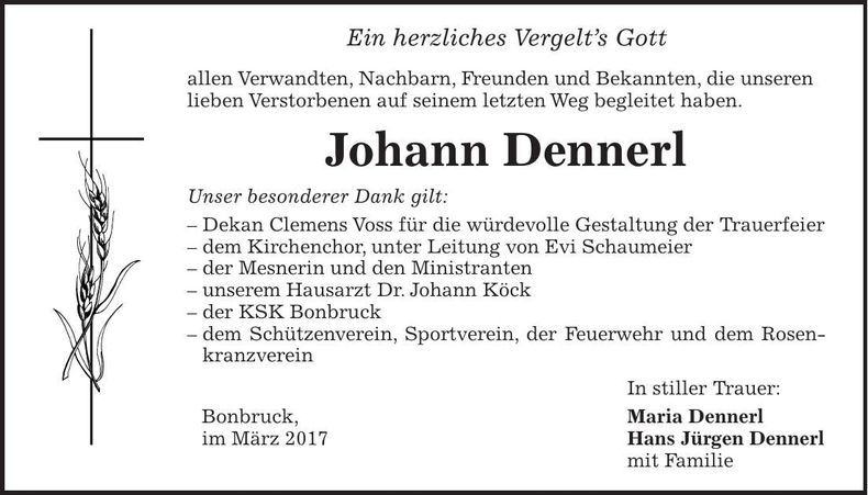 Traueranzeige Johann Dennerl