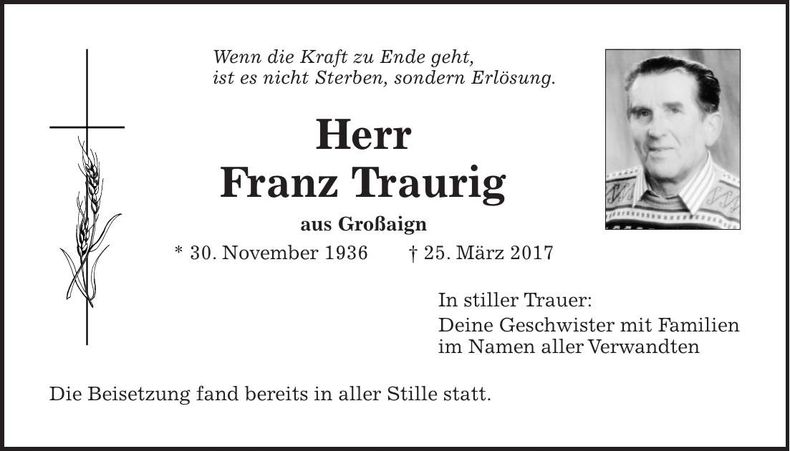 Traueranzeige Franz Traurig