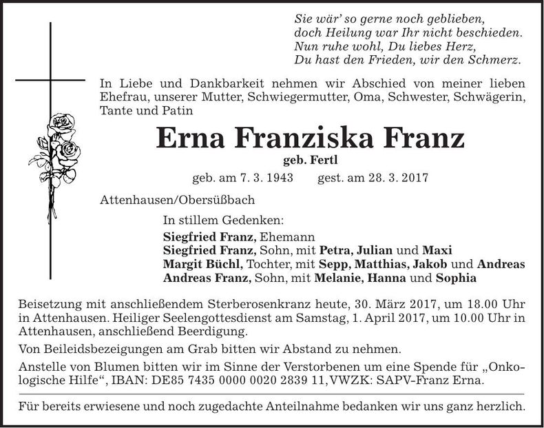 Traueranzeige Erna Franziska Franz