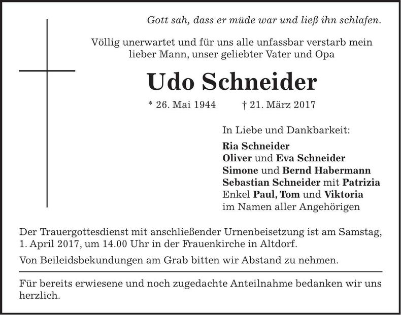 Traueranzeige Udo Schneider