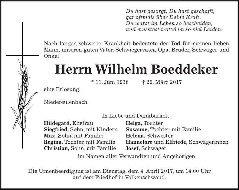 Traueranzeige Wilhelm Boeddeker