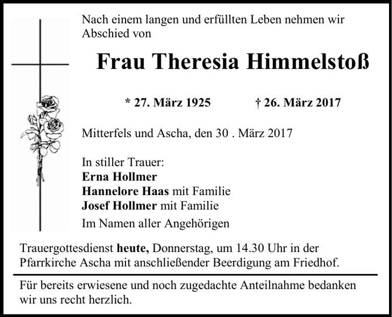 Traueranzeige Theresia Himmelstoß