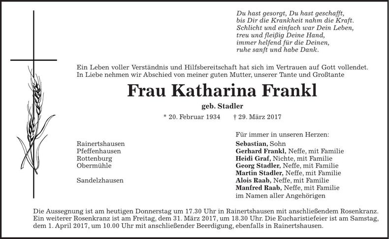 Traueranzeige Katharina Frankl
