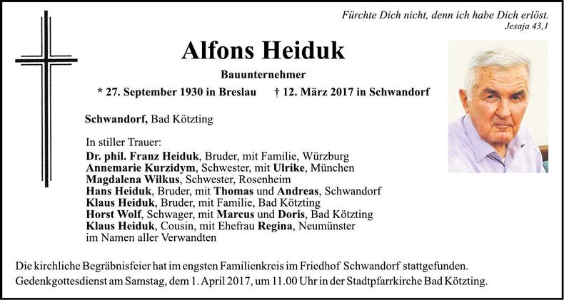Traueranzeige Alfons Heiduk