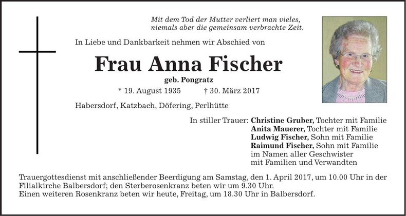 Traueranzeige Anna Fischer