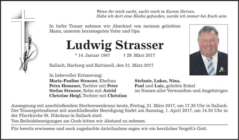 Traueranzeige Ludwig Strasser
