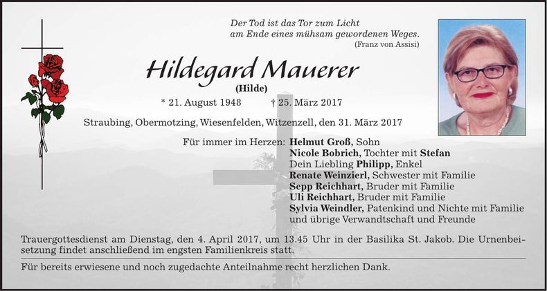 Traueranzeige Hildegard Mauerer