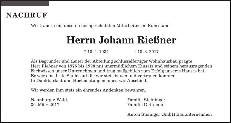 Traueranzeige Johann Rießner