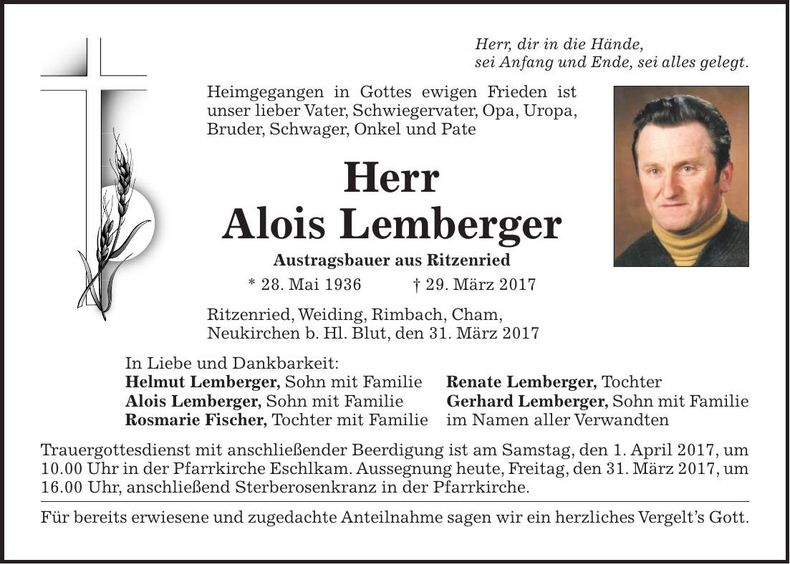 Traueranzeige Alois Lemberger