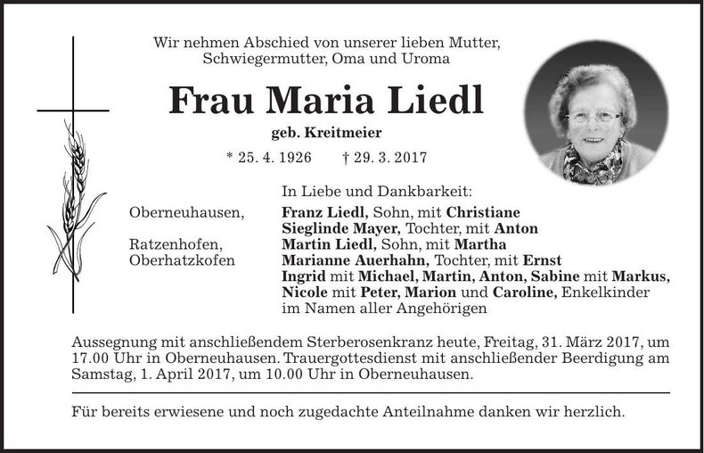 Traueranzeige Maria Liedl