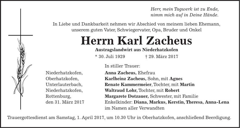 Traueranzeige Karl Zacheus