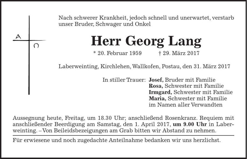 Traueranzeige Georg Lang