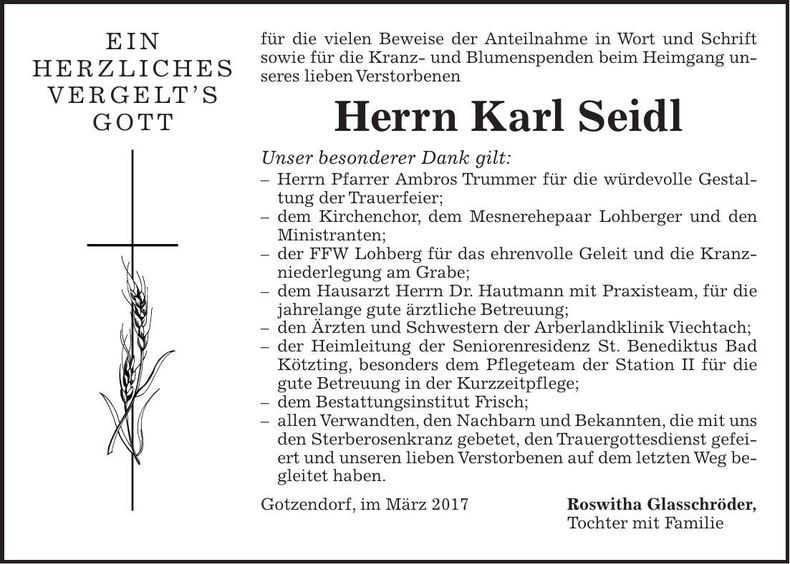 Traueranzeige Karl Seidl