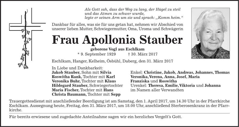 Traueranzeige Apollonia Stauber