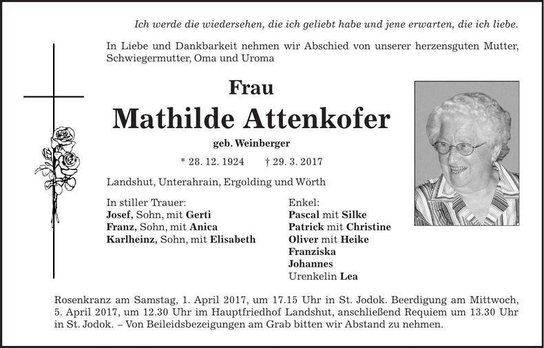 Traueranzeige Mathilde Attenkofer