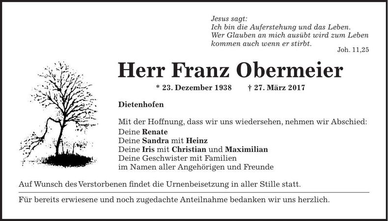 Traueranzeige Franz Obermeier
