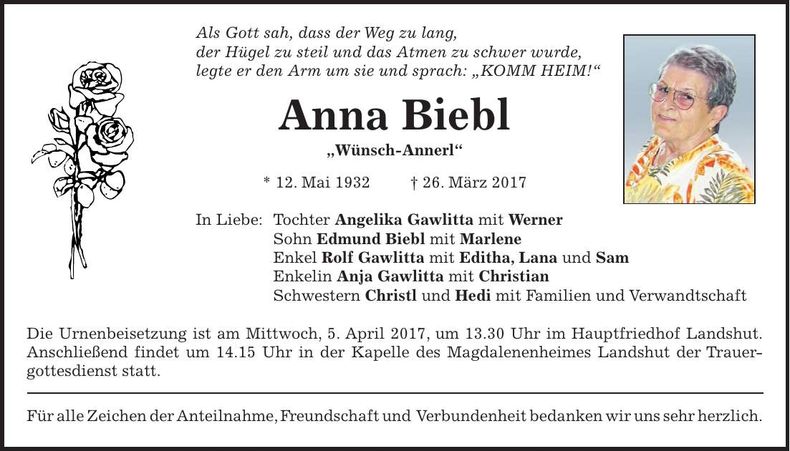 Traueranzeige Anna Biebl