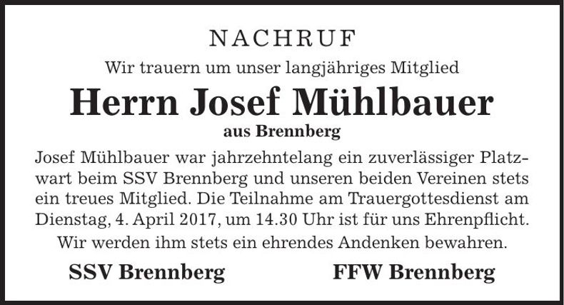 Traueranzeige Josef Mühlbauer